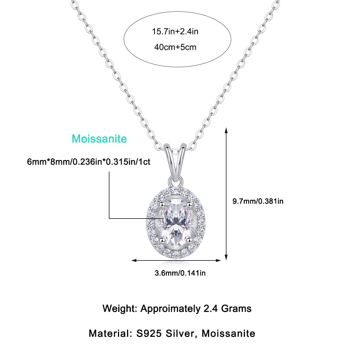 Egg-Shaped 1 Carat Moissanite S925 Sterling Silver V-Shaped Pendant Necklace