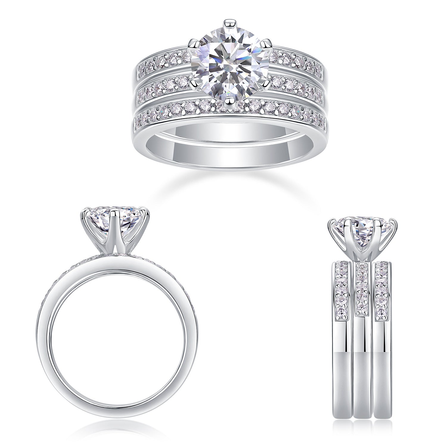 2 Carat Moissanite Three-Piece Stackable Artistic Multiple Matching Rings