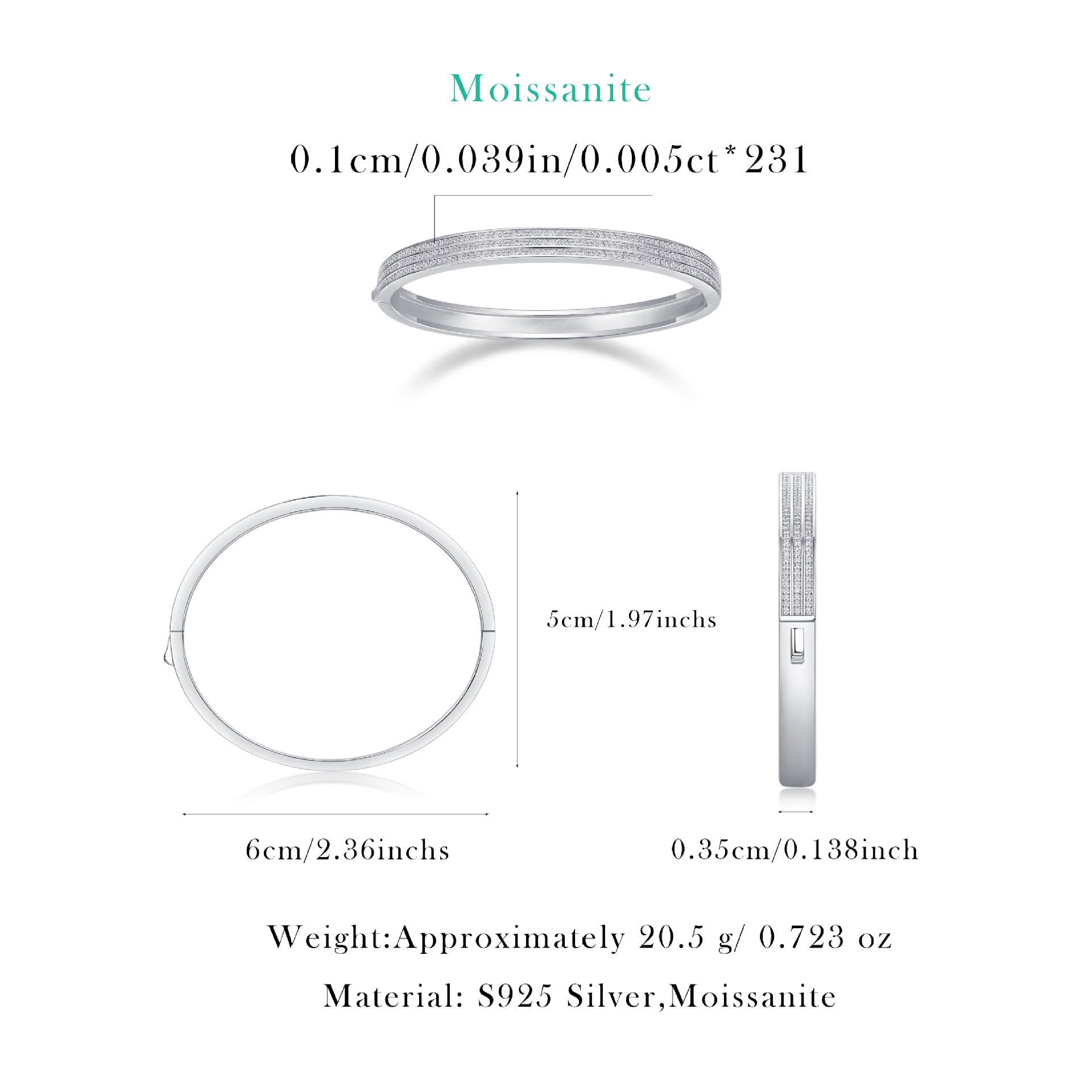 3 Rows Moissanite Bracelet for Women S925 Silver Plated with 18K White Gold
