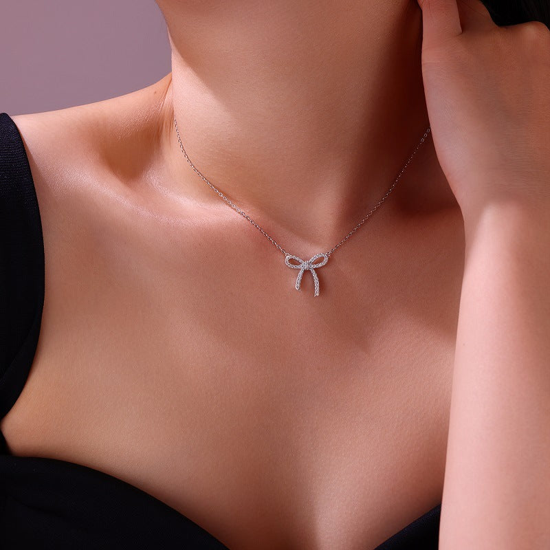 Moissanite S925 Sterling Silver Plated 18K White Gold Bowknot Necklace for Women