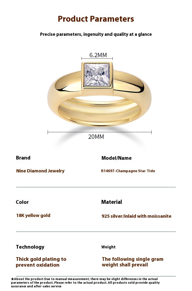 Minimalist Square Moissanite 925 Silver Ring Plated with 18K Gold