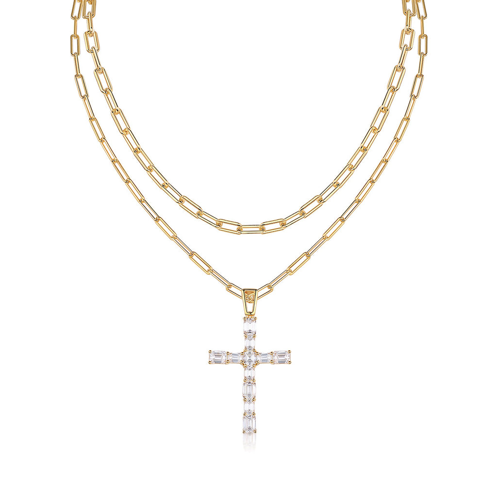 Cross Moissanite Pendant with 38g Pure Silver Plated 18K Gold Necklace For Women