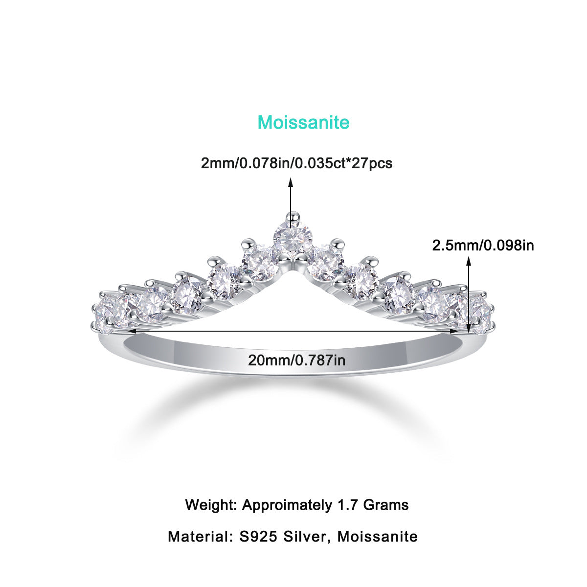 2.6CT Moissanite V-shaped Single Row Diamond Ring for Women