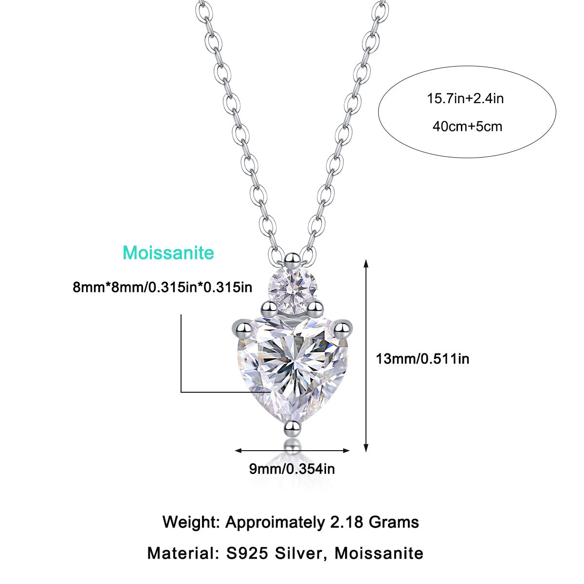 1 Carat Moissanite Heart-Shaped Pendant Necklace for Women