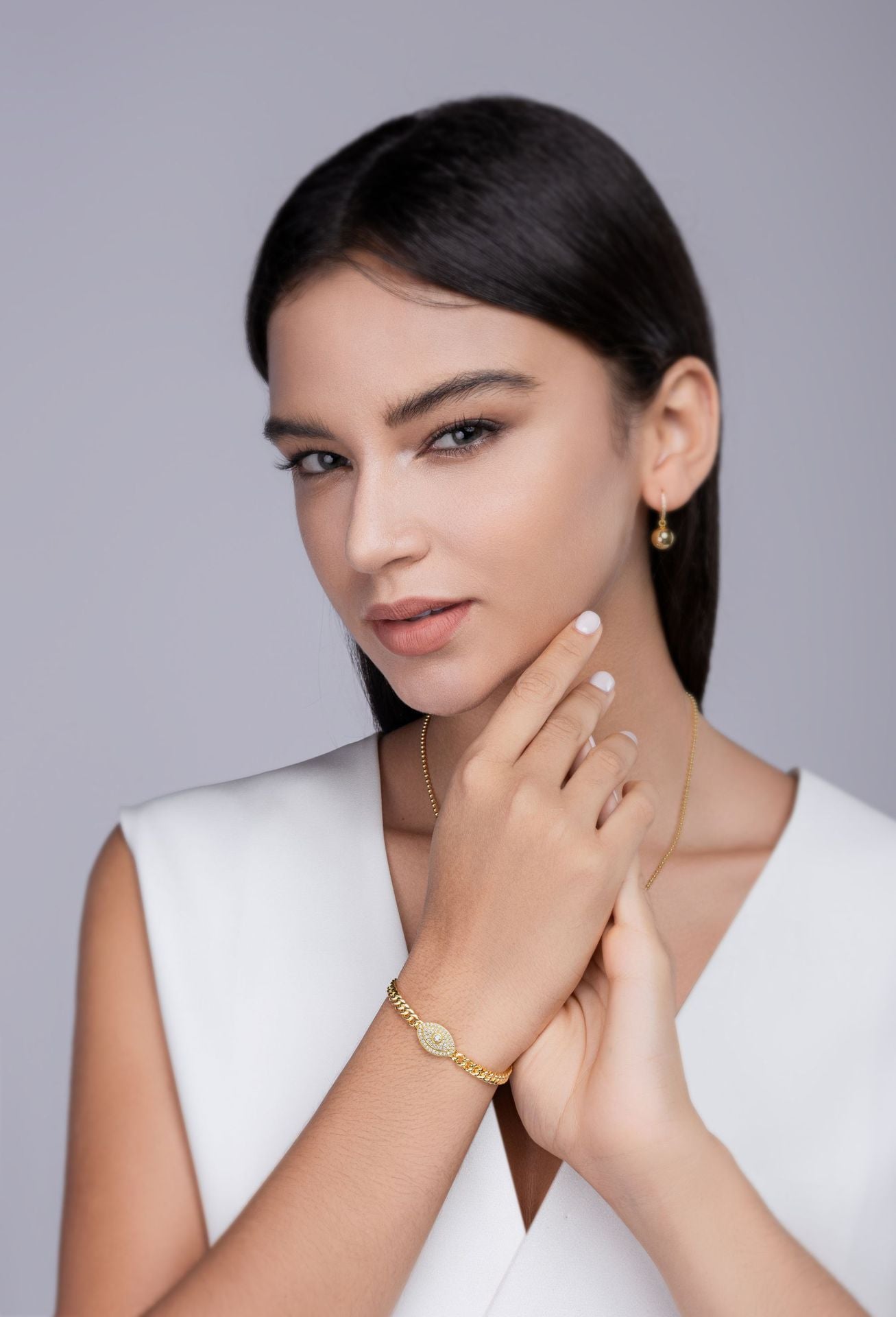 Men and Women Demon Eye Gold Cuban Chain Bracelet S925 Silver Plated with 18K Gold
