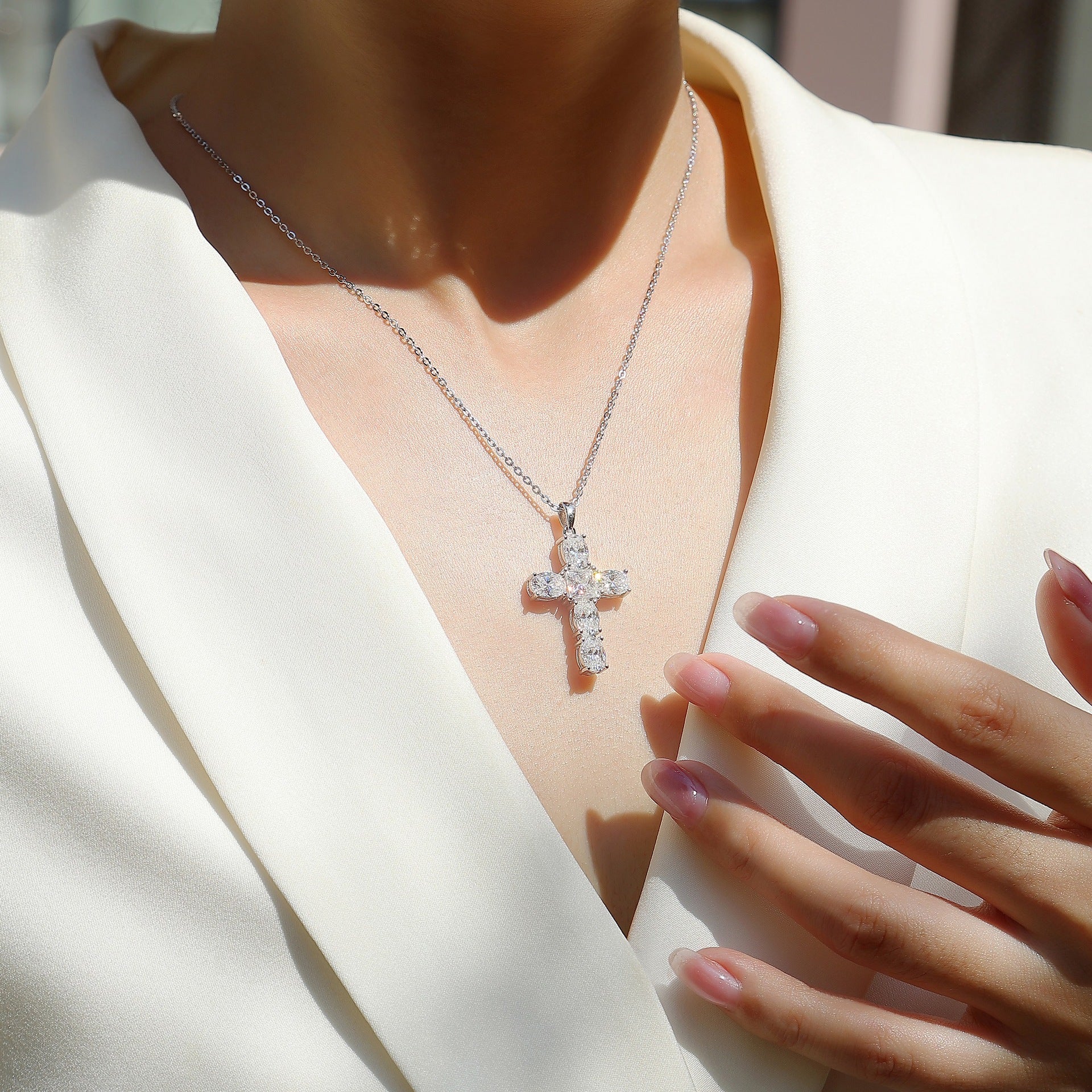 Moissanite Cross Fashion Necklace S925 Plated with 18K White Gold