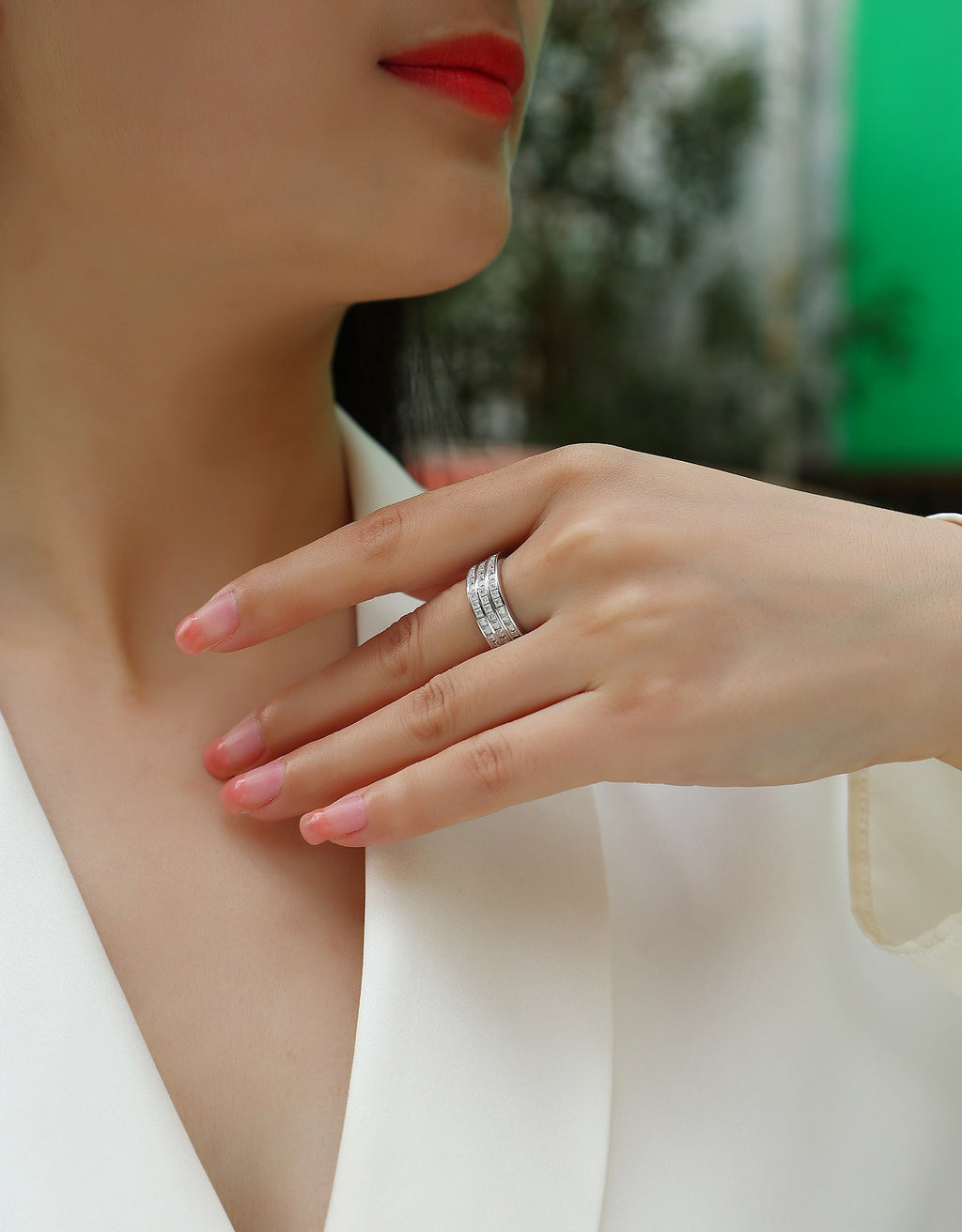 Men and Women Three-Layer Stacked Moissanite Ring S925 Plated with 18K White Gold