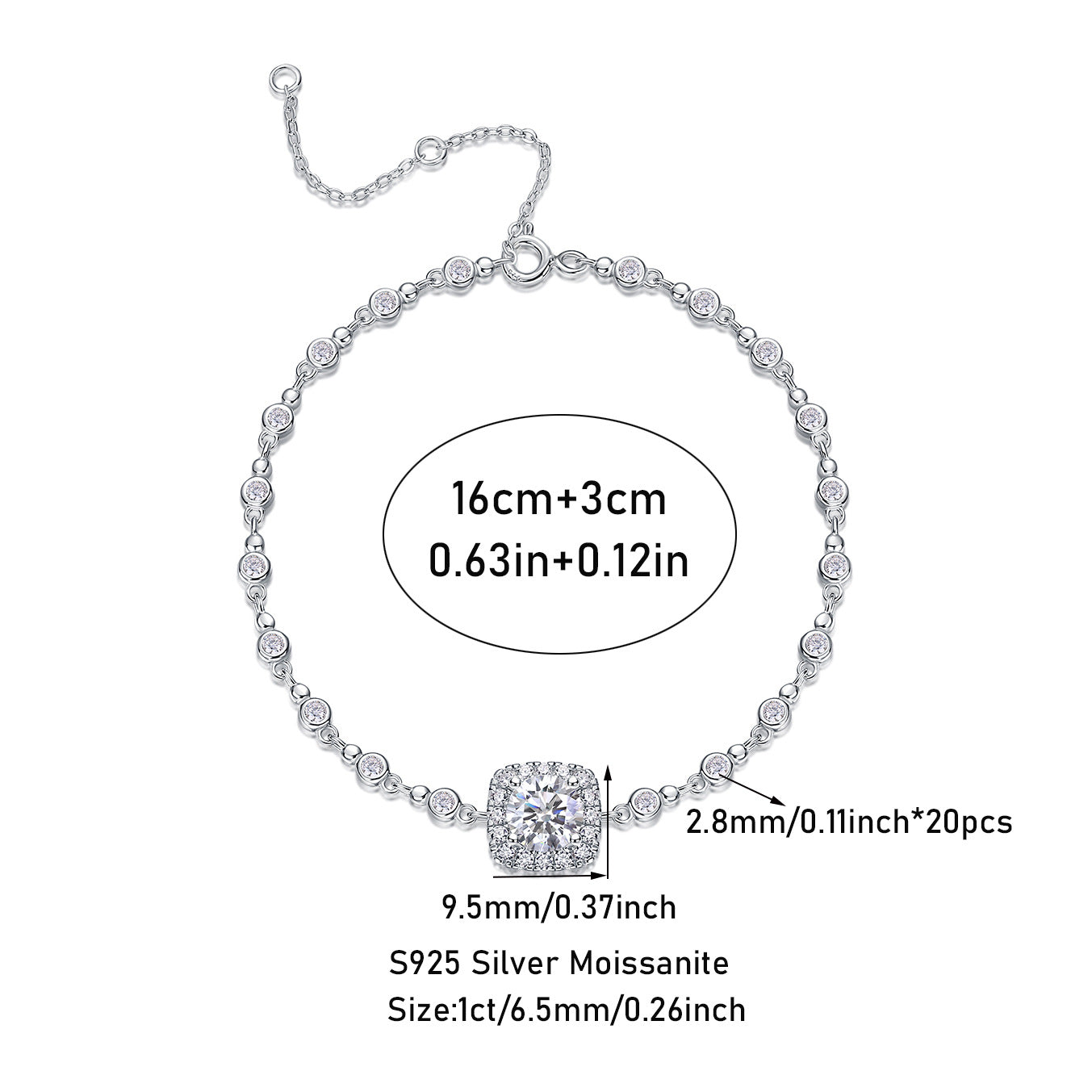 Female 1.94 Carat Moissanite Bracelet S925 Sterling Silver Plated 18K
