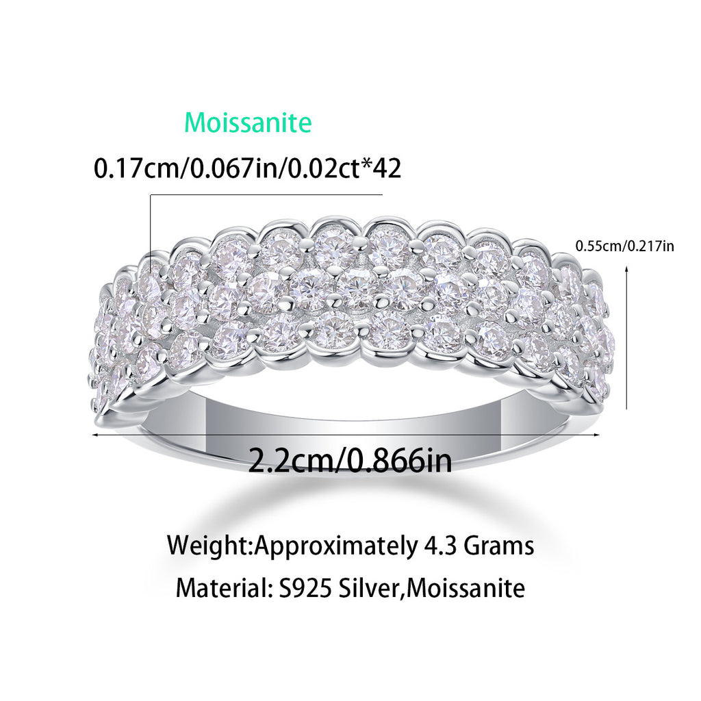 3 Row Moissanite Ring for Men and Women S925 Silver Plated with 18K Gold