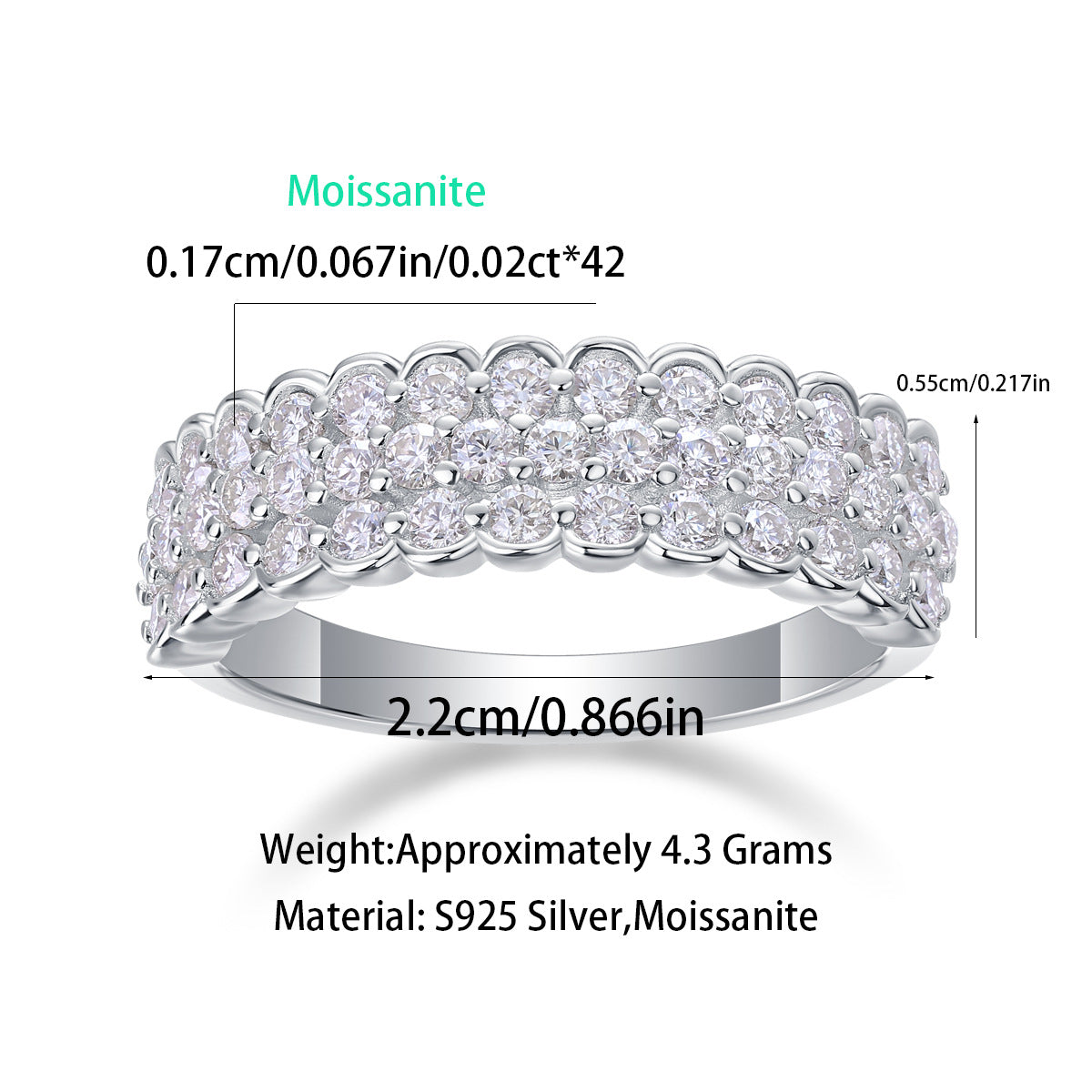 3 Row Moissanite Ring for Men and Women S925 Silver Plated with 18K Gold
