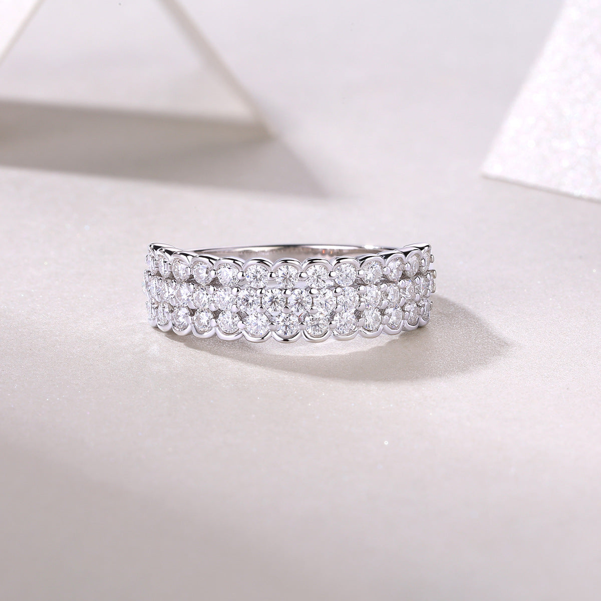 3 Row Moissanite Ring for Men and Women S925 Silver Plated with 18K Gold