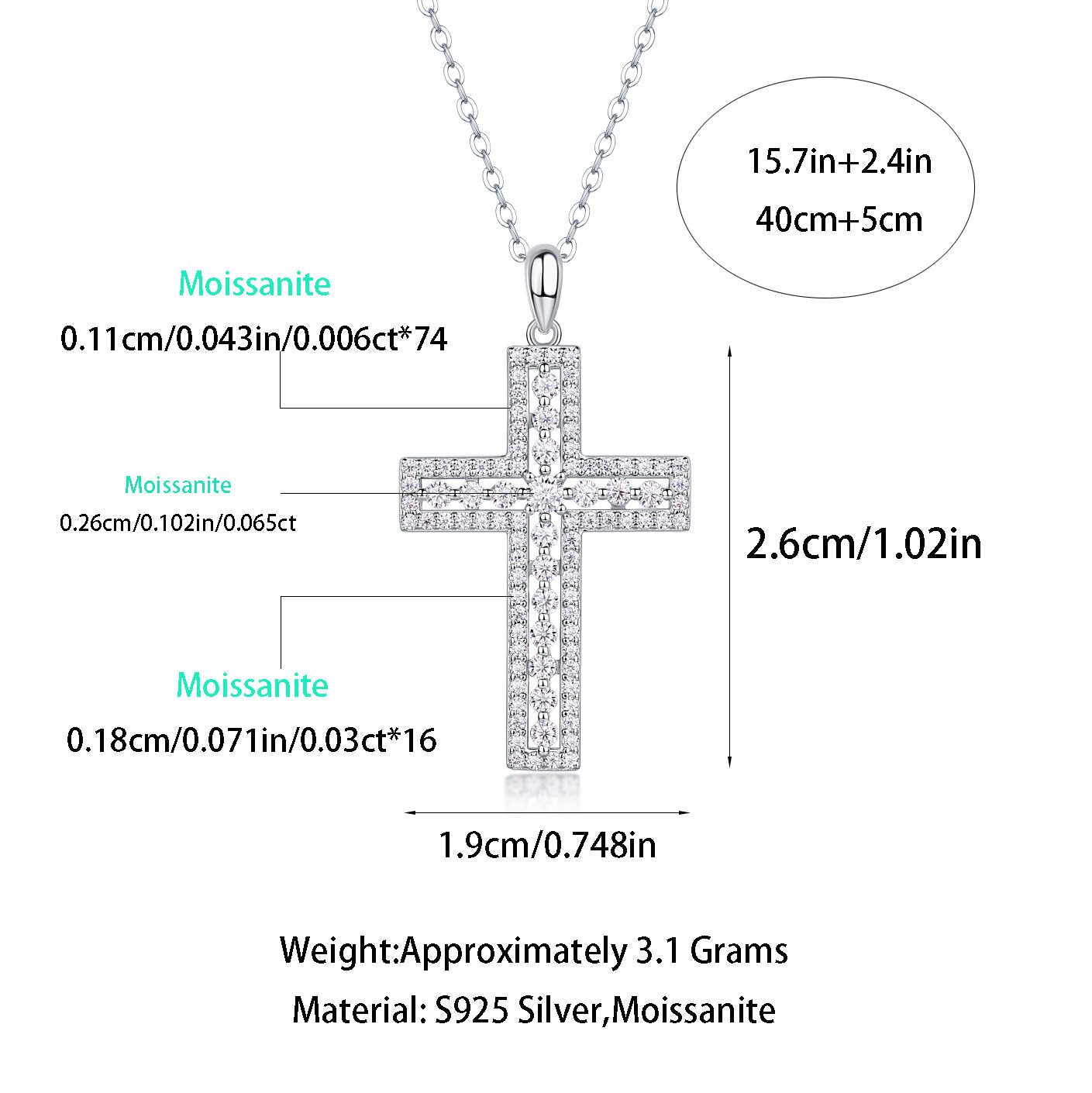 S925 Sterling Silver Plated with 18K Gold Moissanite Cross Pendant Diamon Necklac