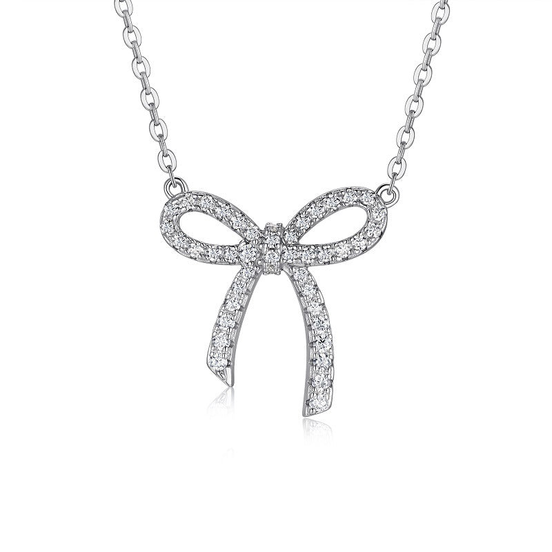 Moissanite S925 Sterling Silver Plated 18K White Gold Bowknot Necklace for Women