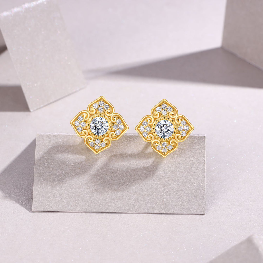 Moissanite Carved Decorative Earrings S925 Silver Plated with 18K Gold
