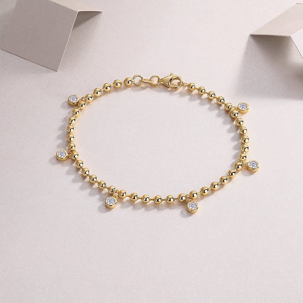 S925 Sterling Silver Inlaid Moissanite Round Bead 18K Gold Plated Bracelet