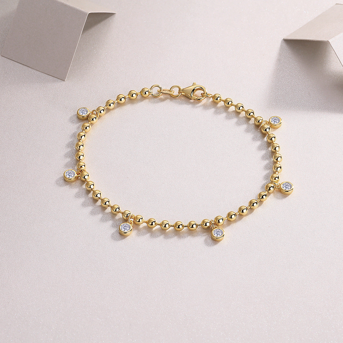 S925 Sterling Silver Inlaid Moissanite Round Bead 18K Gold Plated Bracelet
