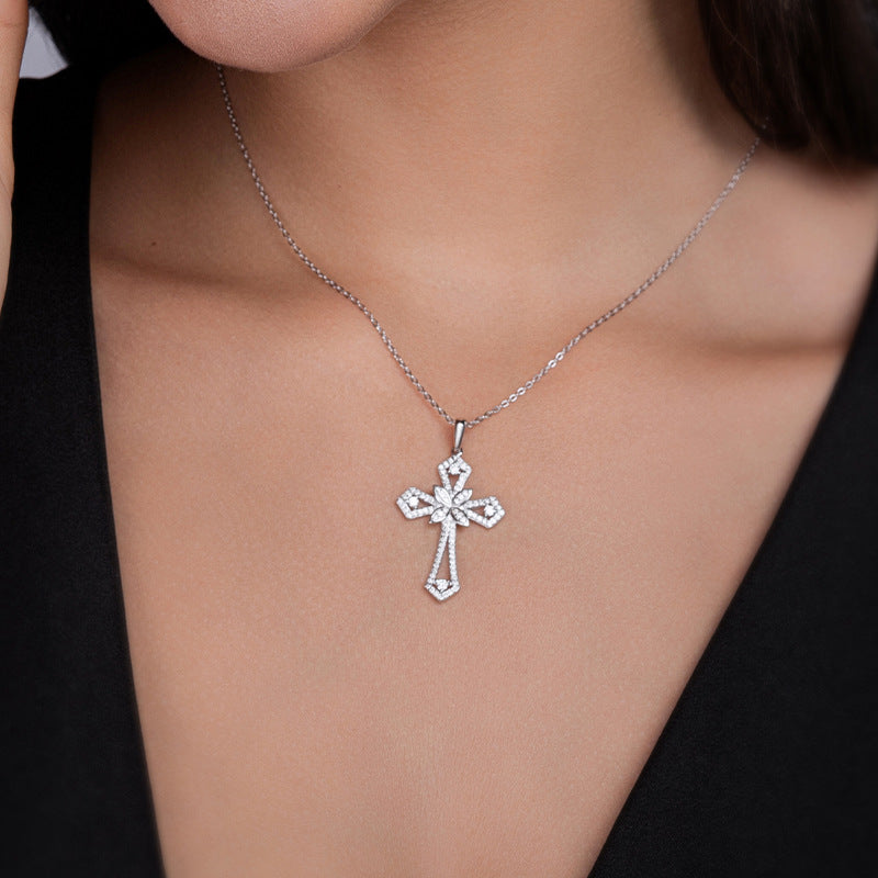 S925 Plated 18K Moissanite Cross Pendant Necklace for Women