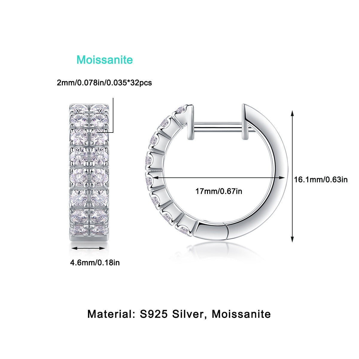 Moissanite Stud Earrings for Women S925 Plated with 18K White Gold