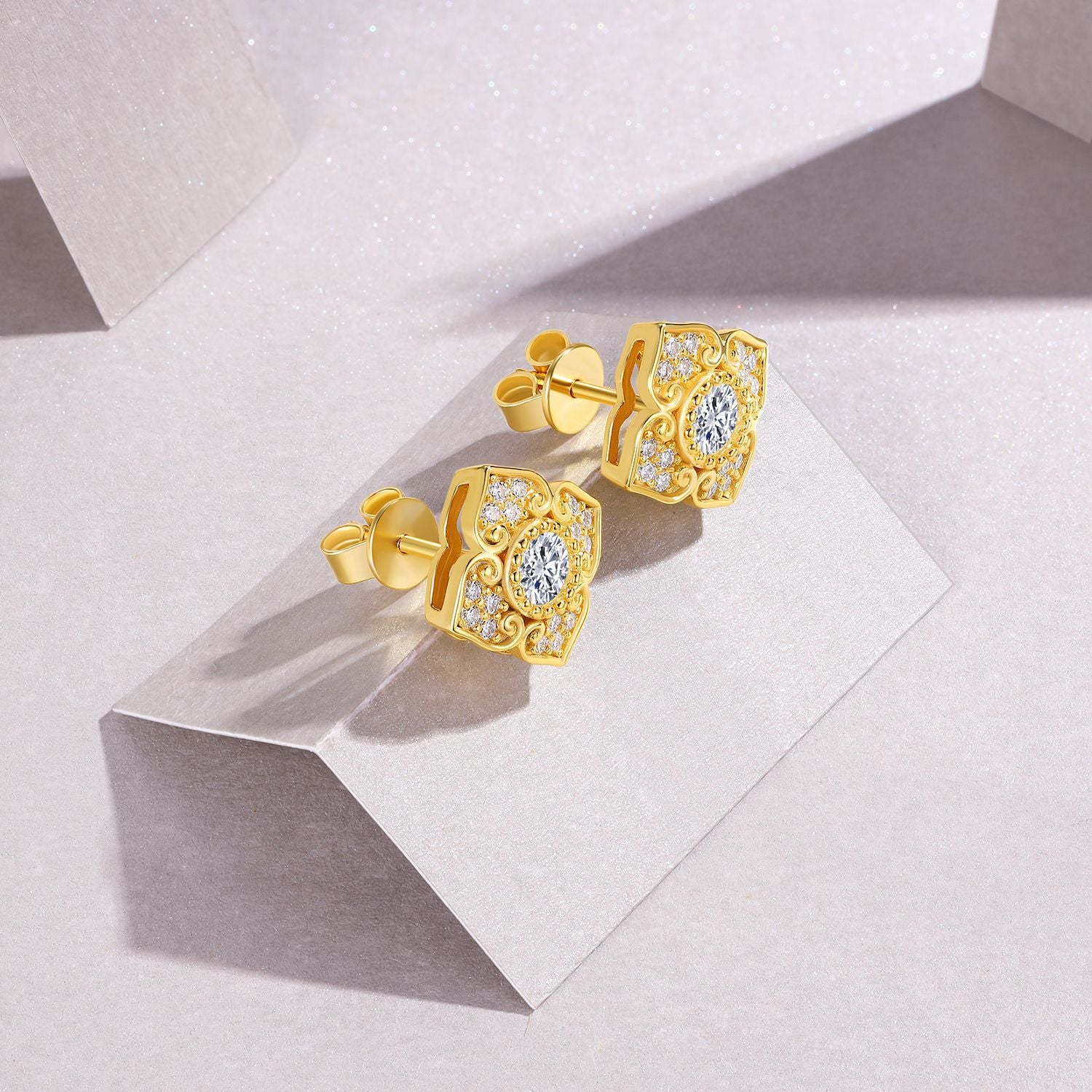 Moissanite Carved Decorative Earrings S925 Silver Plated with 18K Gold