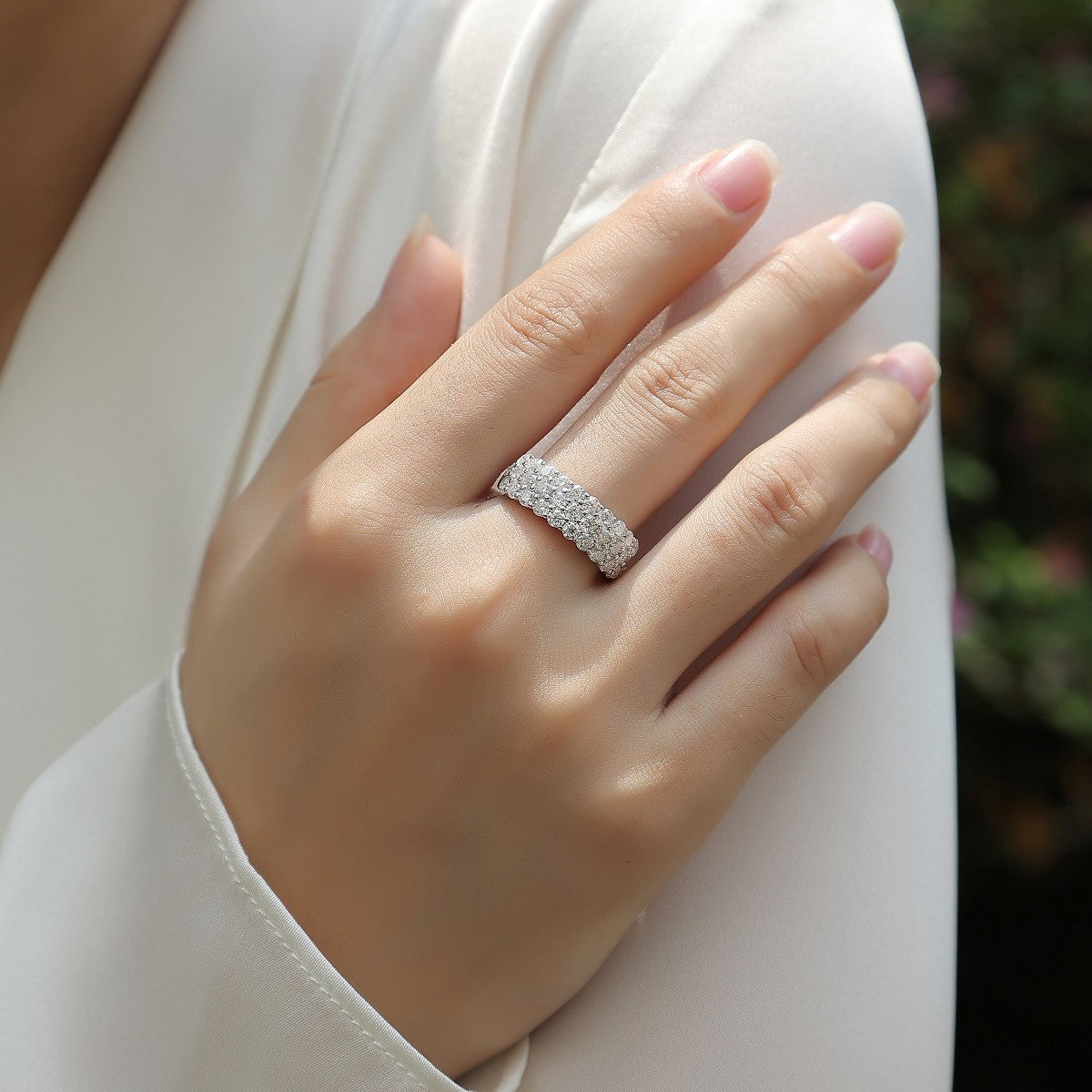 Three-Row Inlaid Moissanite Ring S925 Silver Plated with 18K Gold