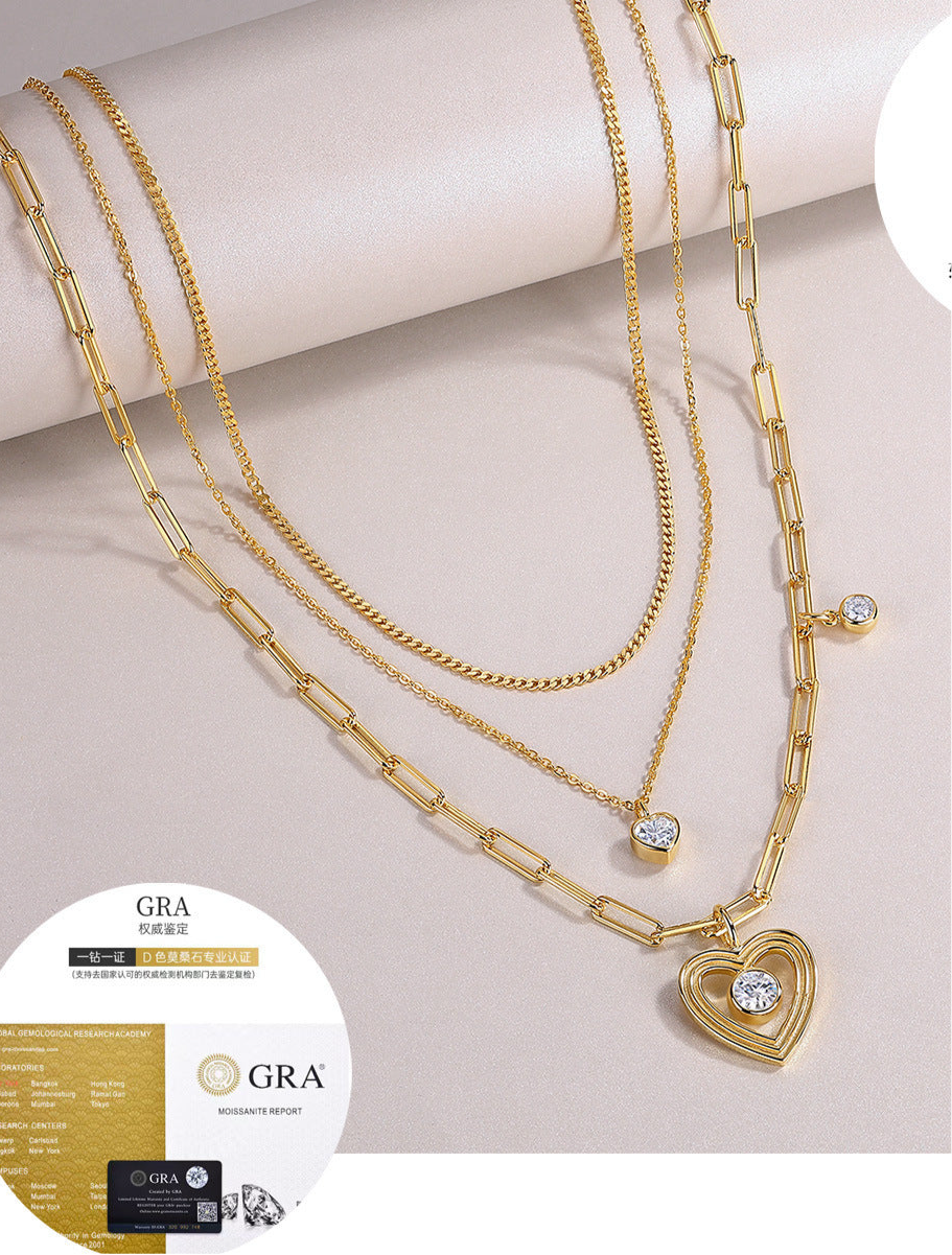 New Moissanite 3-Layer Stacked Necklace for Women S925 Sterling Silver Plated with 18K Gold