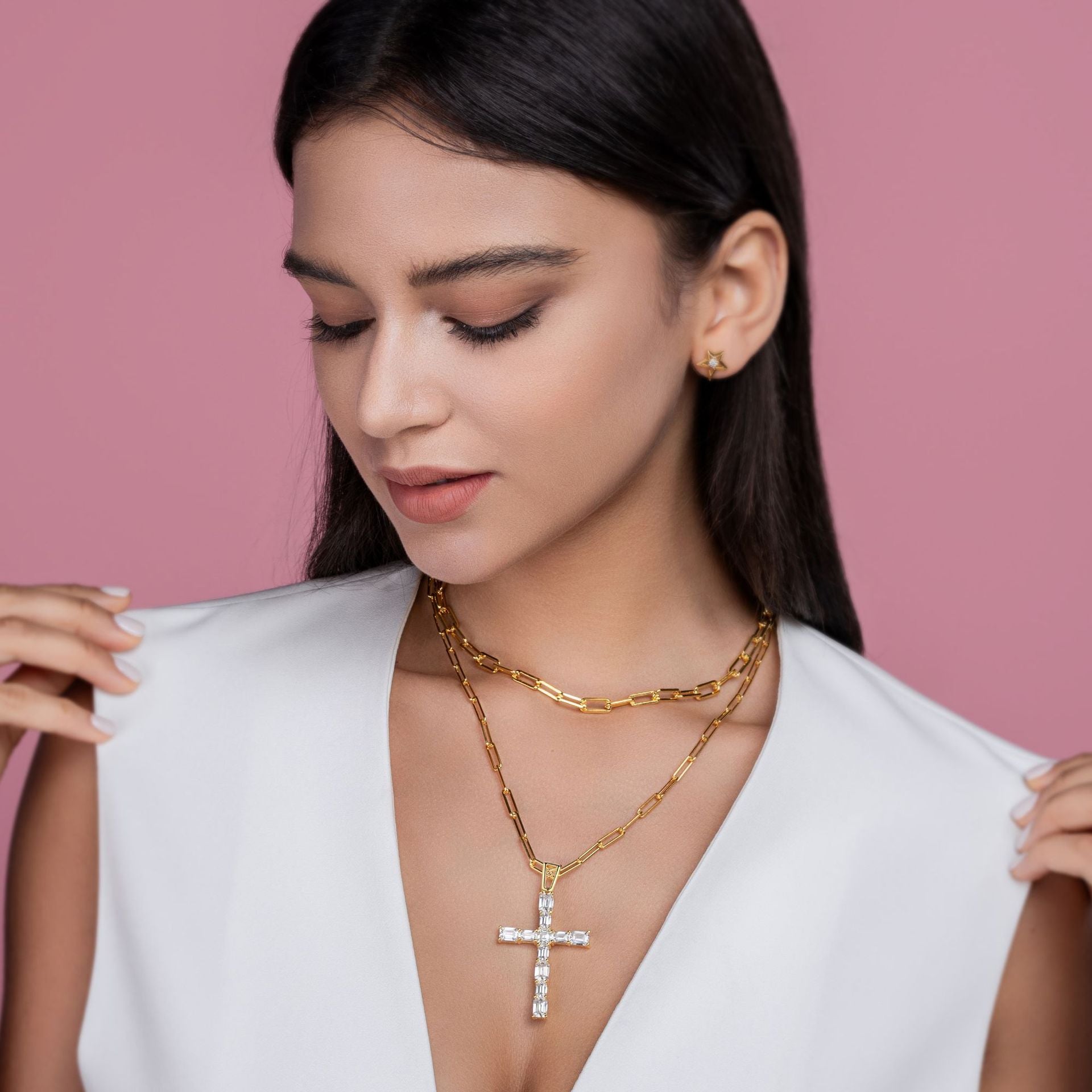 Cross Moissanite Pendant with 38g Pure Silver Plated 18K Gold Necklace For Women