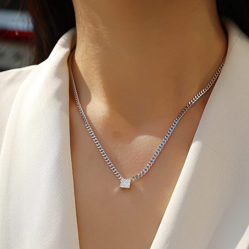 1.5CT Moissanite Cuban Clavicle Necklace for Women 10.7g S925 Silver Electroplated 18K White Gold