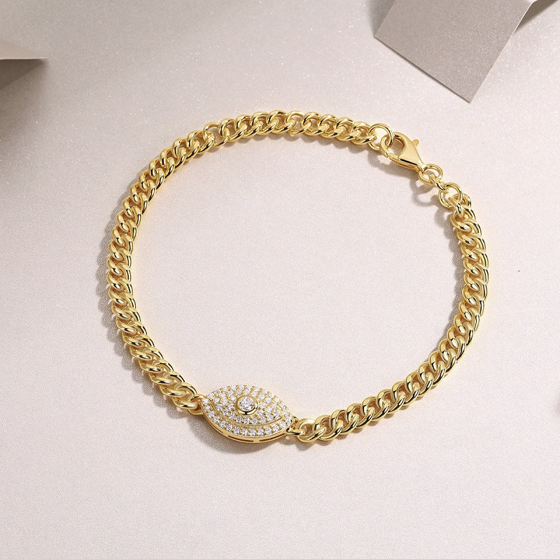 Men and Women Demon Eye Gold Cuban Chain Bracelet S925 Silver Plated with 18K Gold