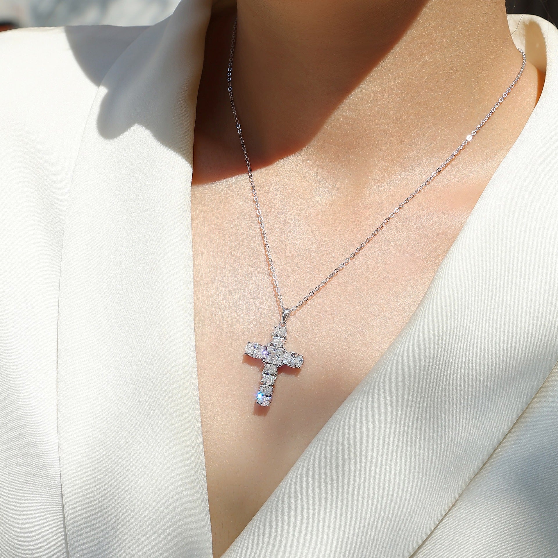 Moissanite Cross Fashion Necklace S925 Plated with 18K White Gold
