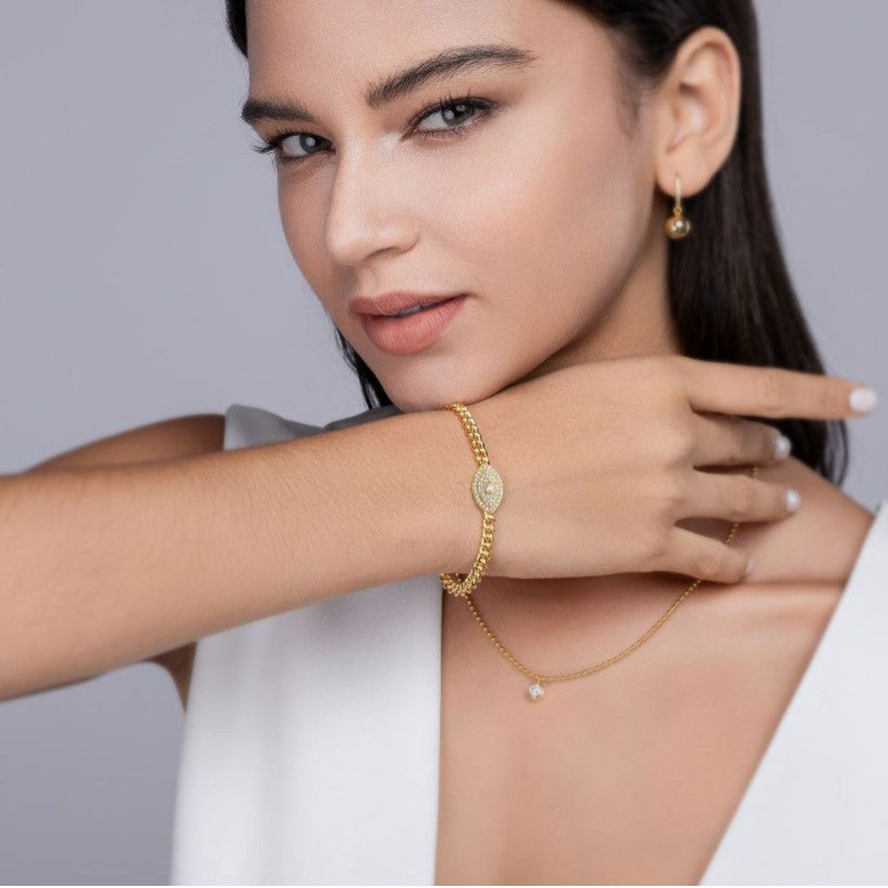Men and Women Demon Eye Gold Cuban Chain Bracelet S925 Silver Plated with 18K Gold