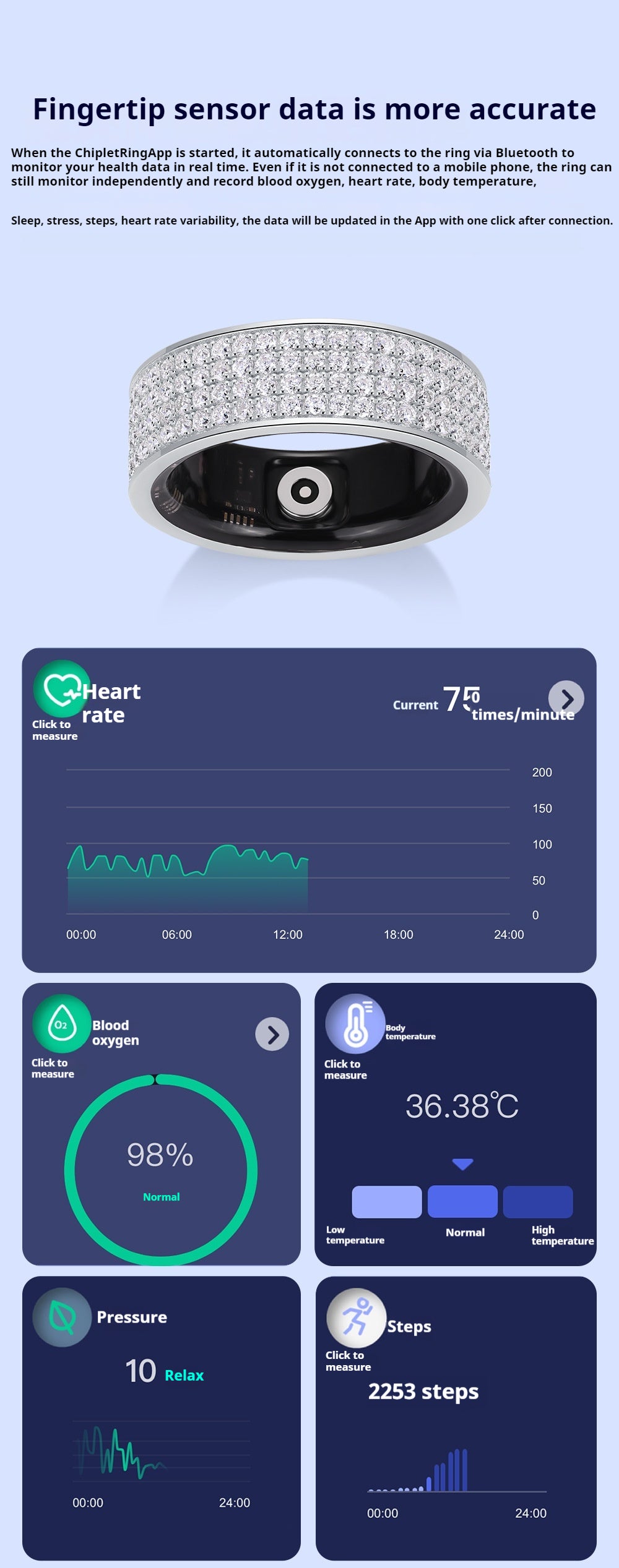 Health Star Smart Ring Integrated Blood Oxygen Monitoring S925 Silver Inlaid Moissanite Ring