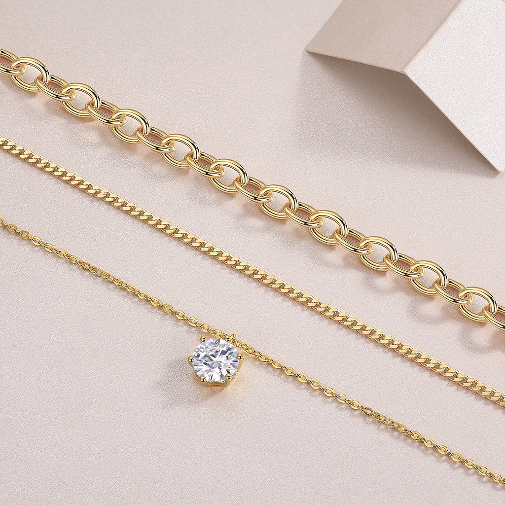 New 2 Carat Moissanite 3-Layer Stacked Necklace for Women S925 Sterling Silver Plated with 18K Gold