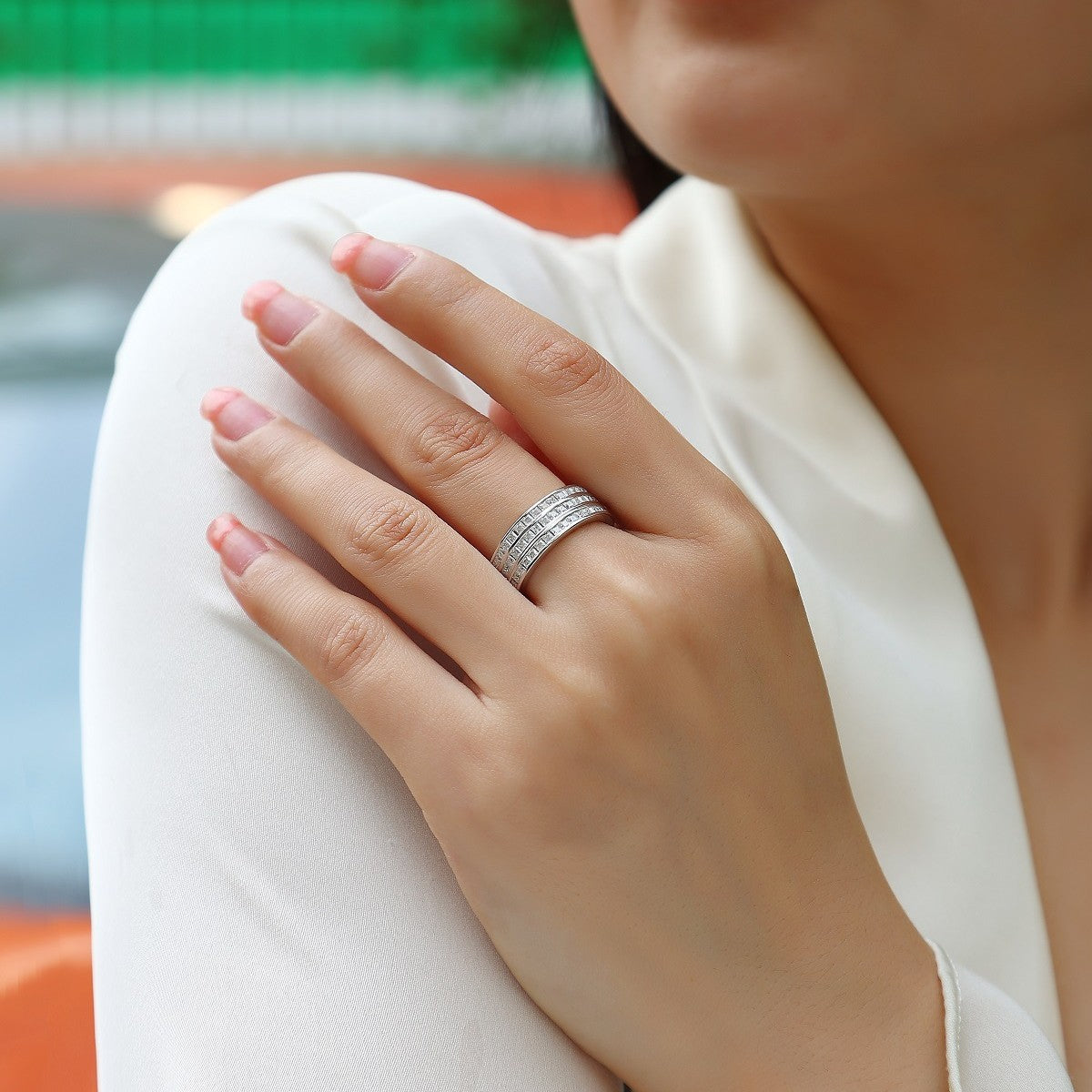 Men and Women Three-Layer Stacked Moissanite Ring S925 Plated with 18K White Gold