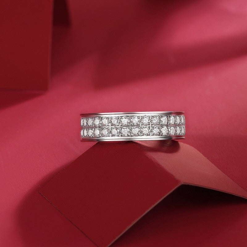 Couple's Double Row Moissanite Ring for Men and Women, S925 Plated with 18K White Gold
