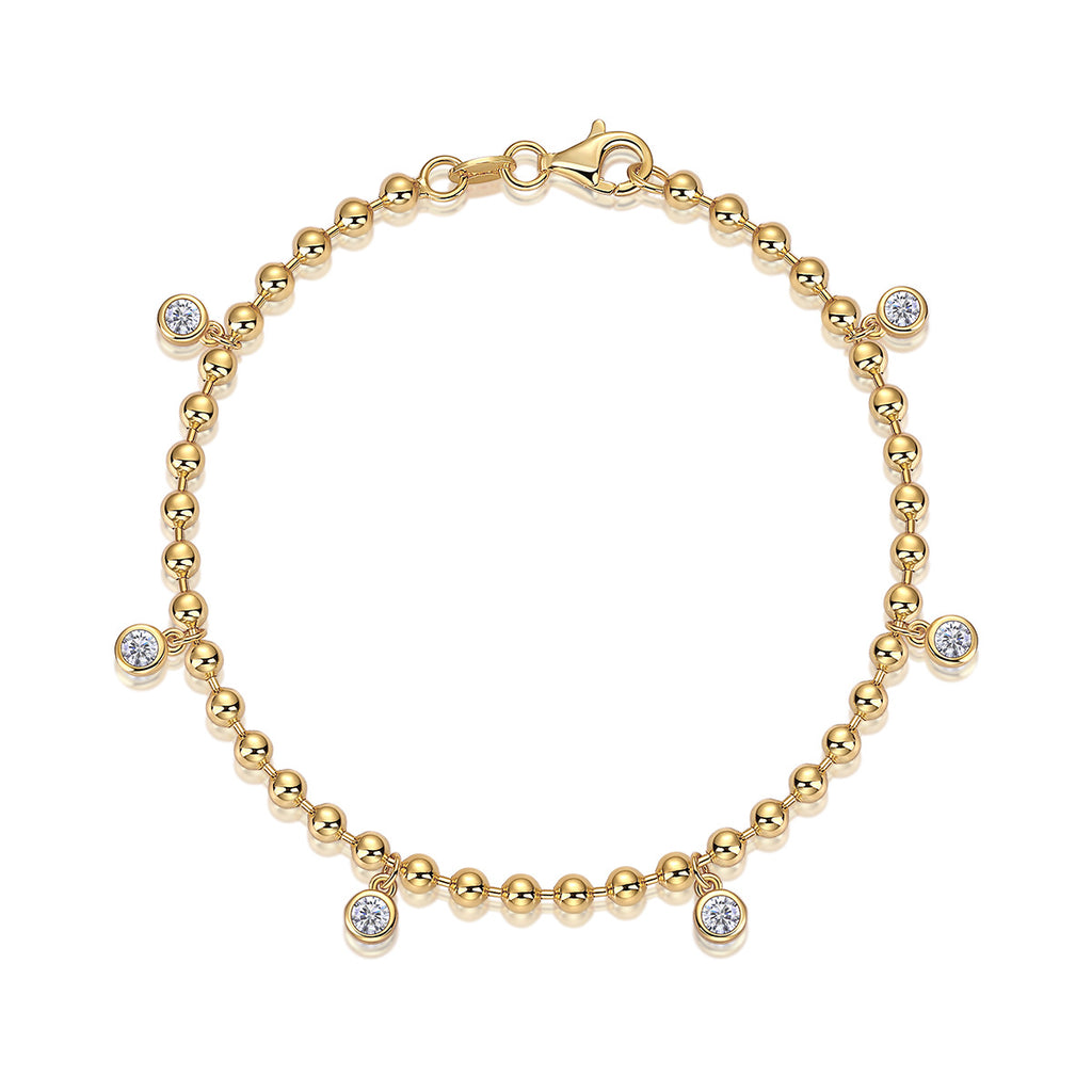 S925 Sterling Silver Inlaid Moissanite Round Bead 18K Gold Plated Bracelet