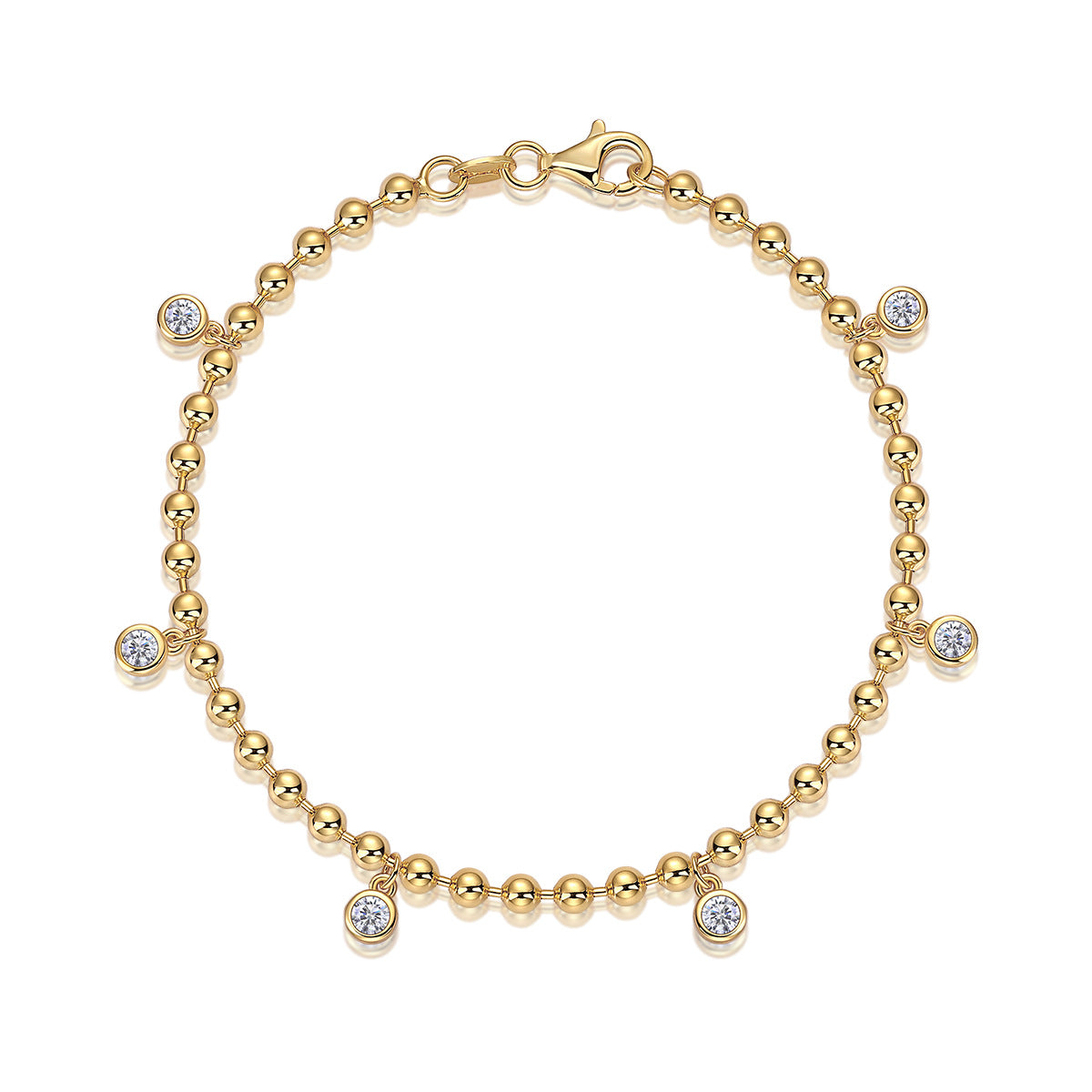 S925 Sterling Silver Inlaid Moissanite Round Bead 18K Gold Plated Bracelet