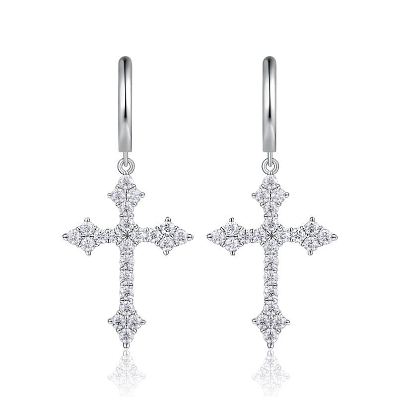 Moissanite Cross Earrings for Men and Women S925 Silver Plated with 18K White Gold