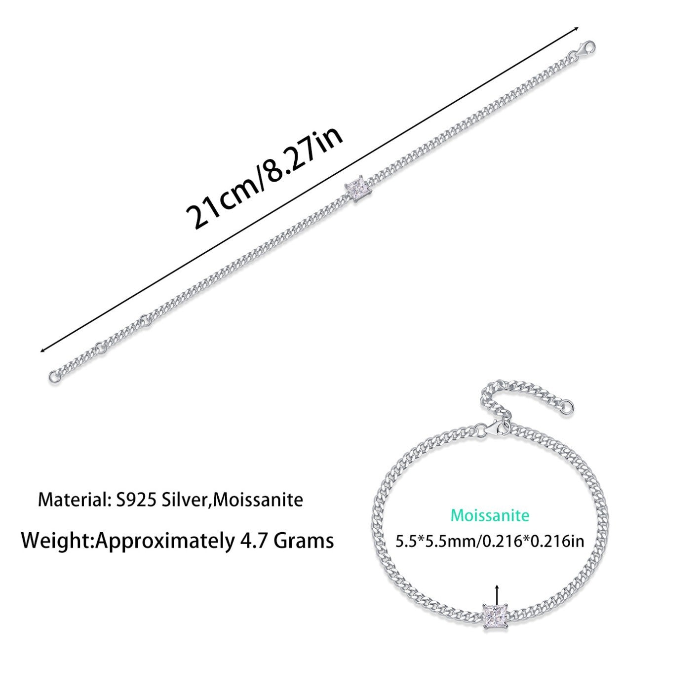 Square Moissanite Diamond Unisex Fashion S925 Silver Plated 18K Gold Cuban Bracelet