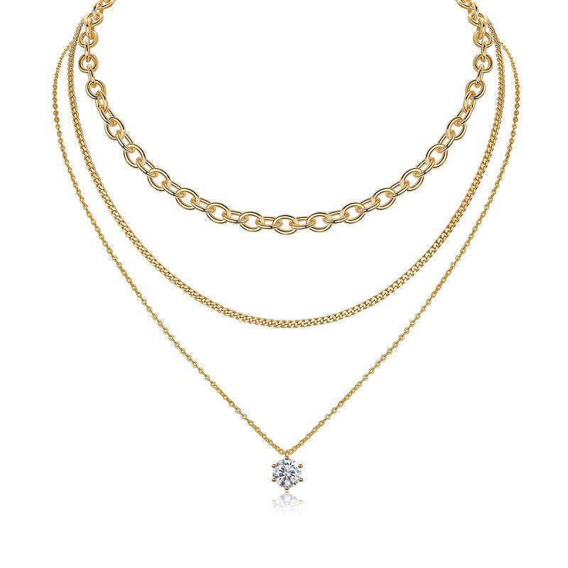 New 2 Carat Moissanite 3-Layer Stacked Necklace for Women S925 Sterling Silver Plated with 18K Gold