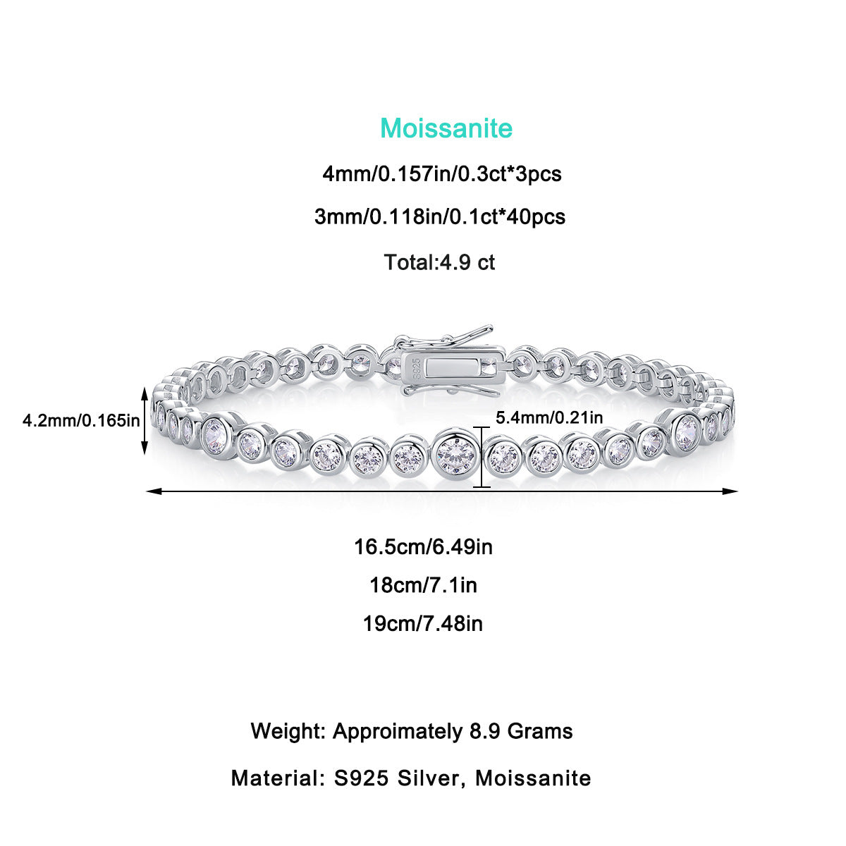 Single Row Moissanite Tennis Bracelet for Men and Women S925 Silver Plated with 18K White Gold