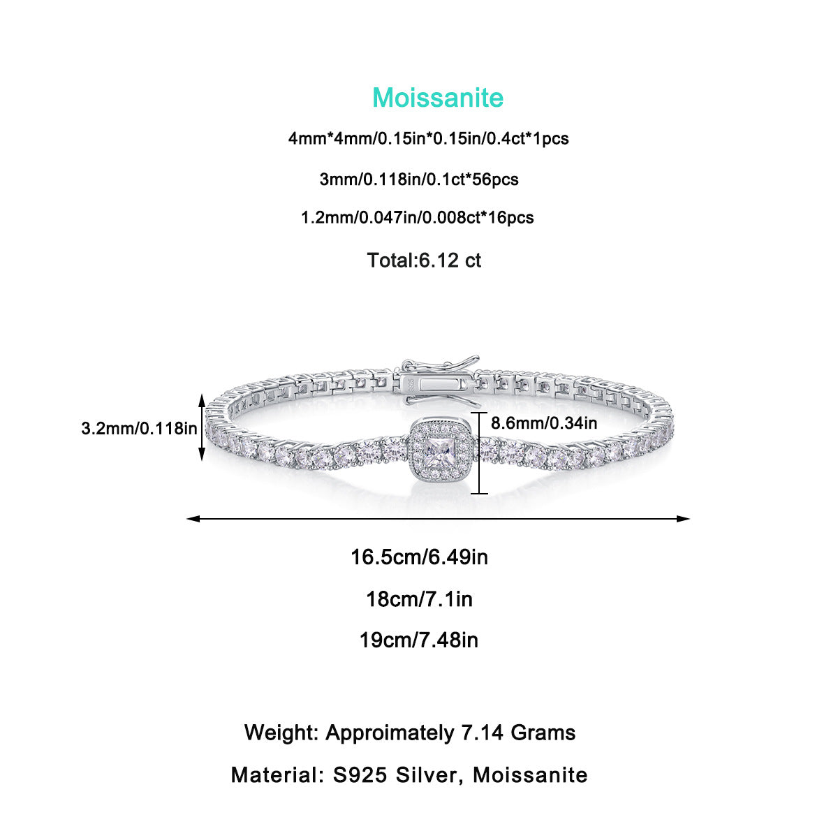 Men's and Women's Hip-Hop Moissanite Tennis Bracelet S925 Sterling Silver Tennis Plated with 18K Gold