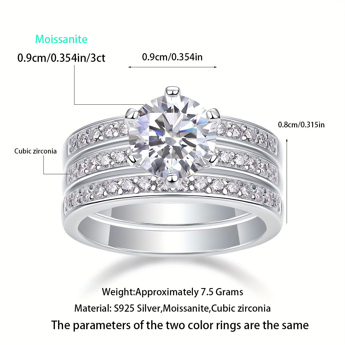 2 Carat Moissanite Three-Piece Stackable Artistic Multiple Matching Rings