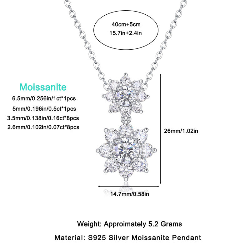 1.5 Carat Moissanite Sunflower Pendant Diamond Necklace S925 Sterling Silver Plated with 18K White Gold for Women