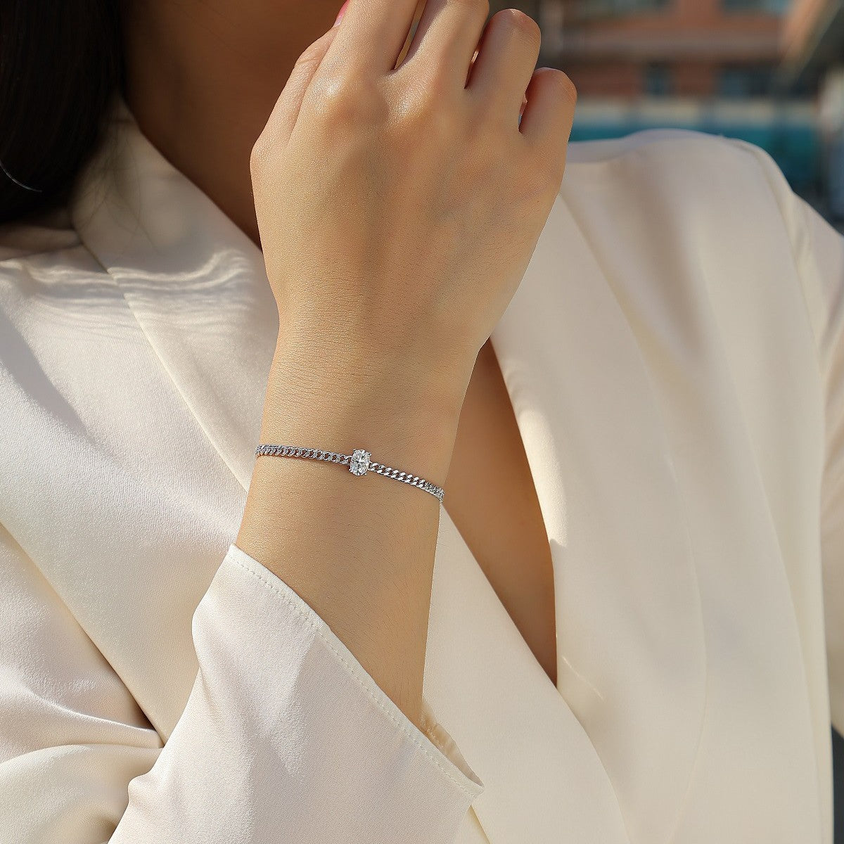 S925 Silver Plated with 18K White Gold 1CT Moissanite Cuban Tennis Bracelet for Men and Women,