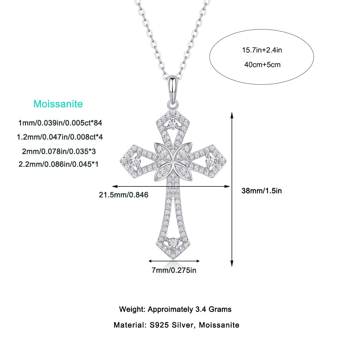 S925 Plated 18K Moissanite Cross Pendant Necklace for Women