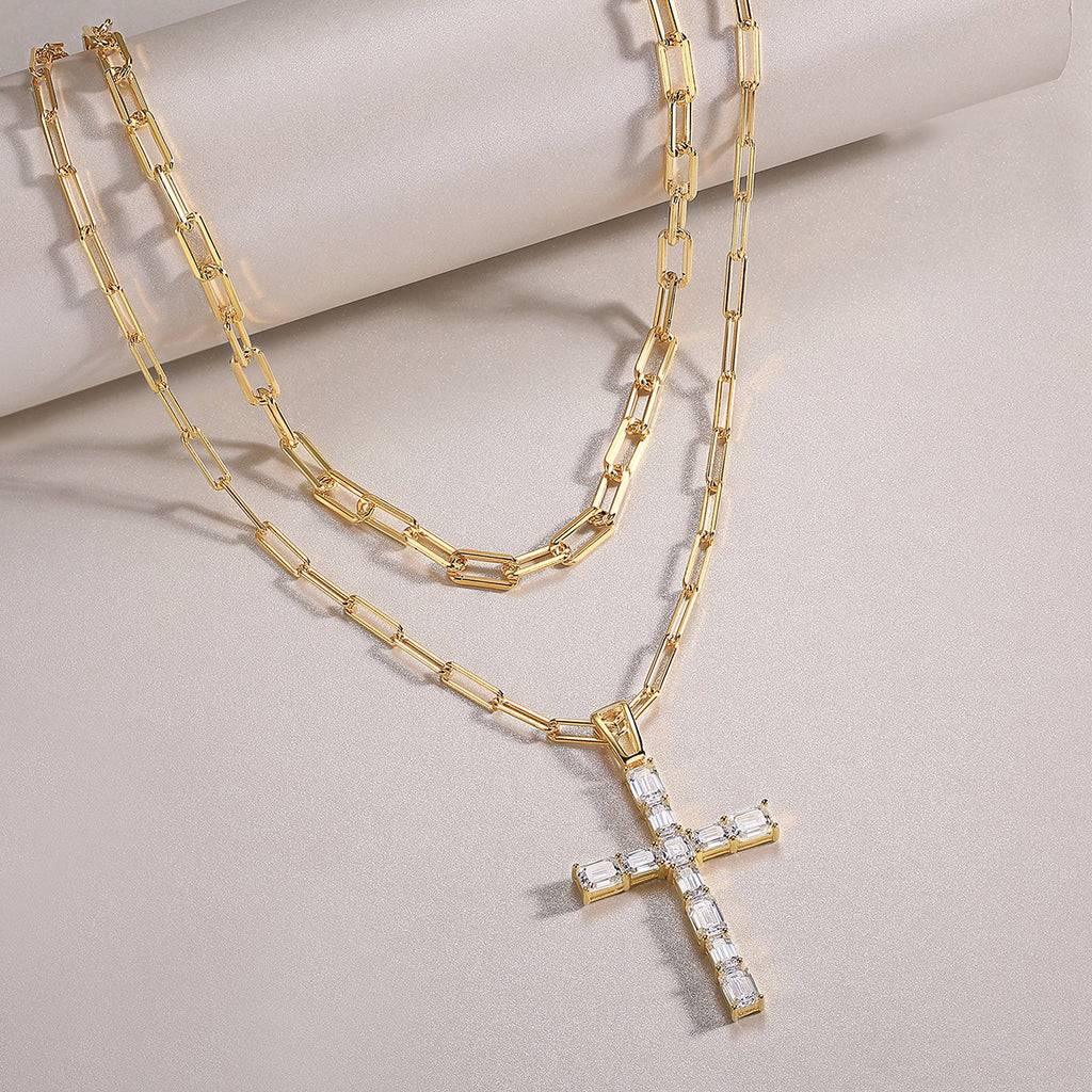 Cross Moissanite Pendant with 38g Pure Silver Plated 18K Gold Necklace For Women