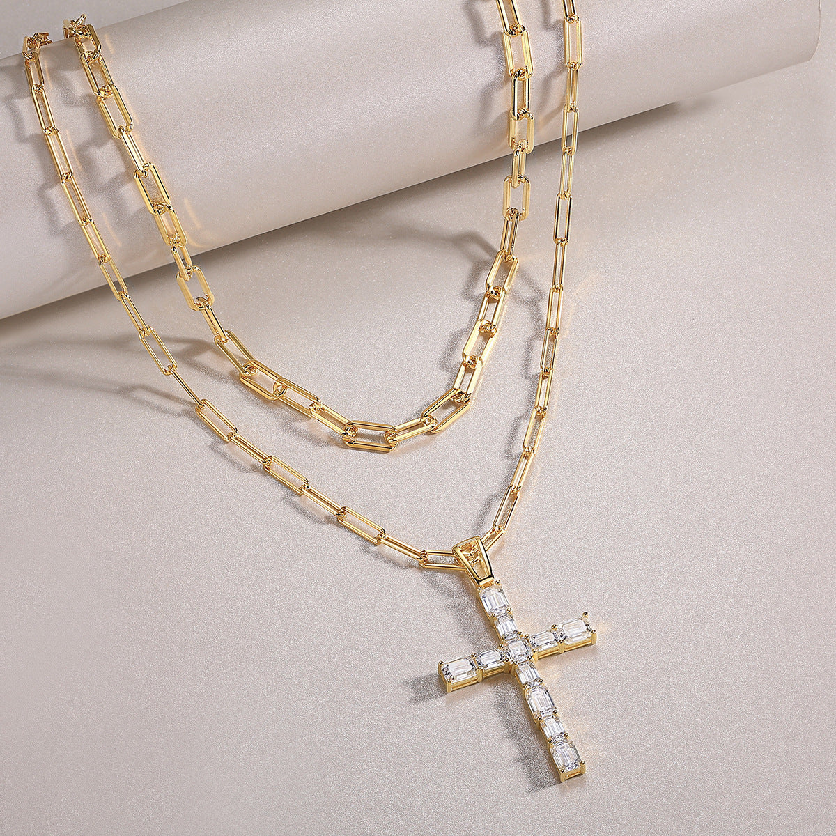 Cross Moissanite Pendant with 38g Pure Silver Plated 18K Gold Necklace For Women