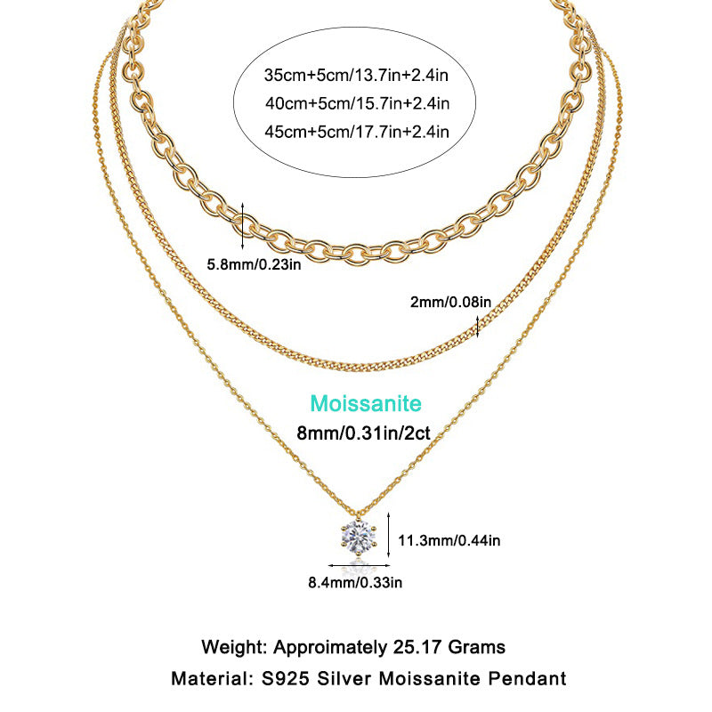 New 2 Carat Moissanite 3-Layer Stacked Necklace for Women S925 Sterling Silver Plated with 18K Gold