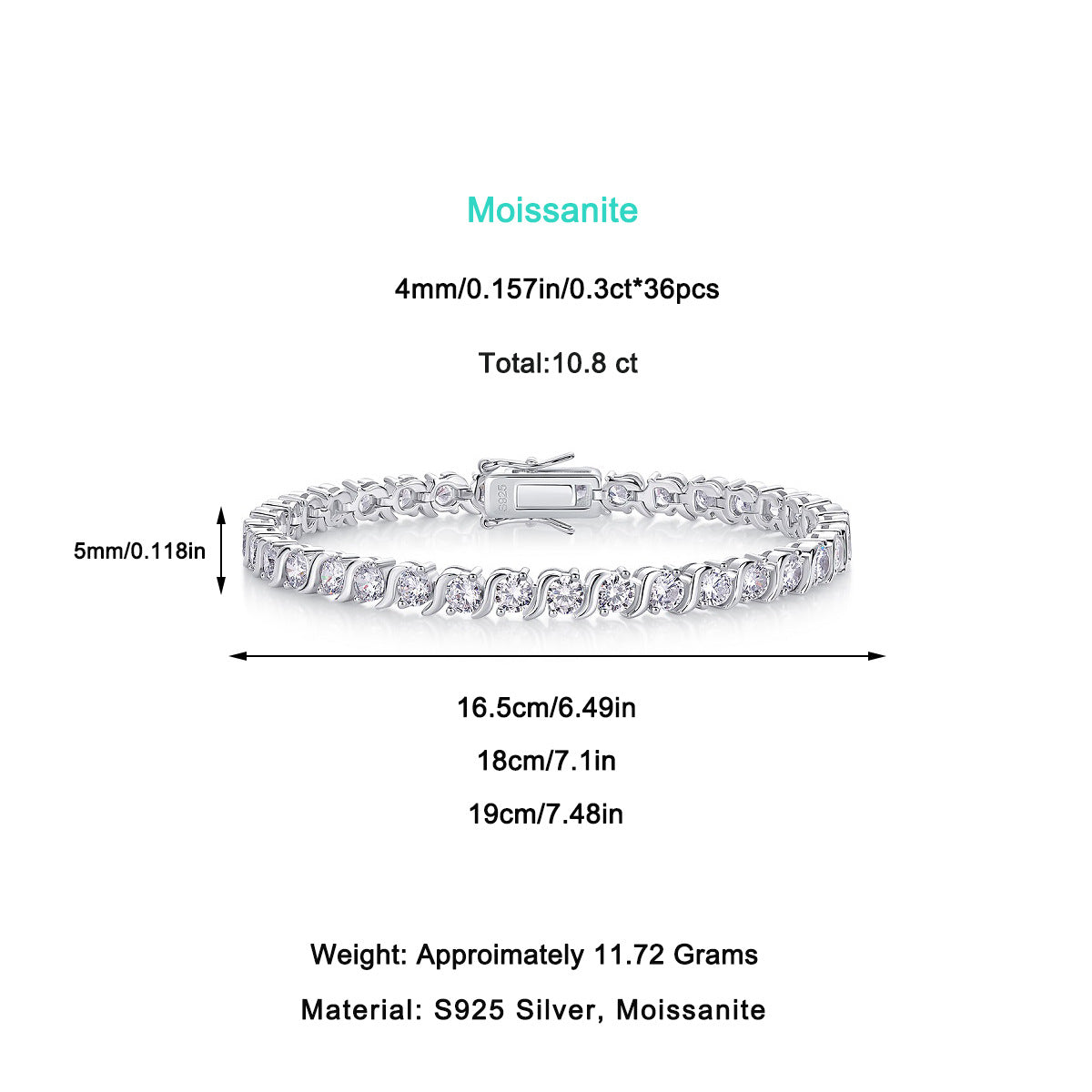 Men's and Women's Single Row Moissanite Tennis Bracelet S925 Sterling Silver Plated with 18K White Gold