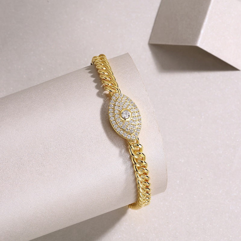 Men and Women Demon Eye Gold Cuban Chain Bracelet S925 Silver Plated with 18K Gold